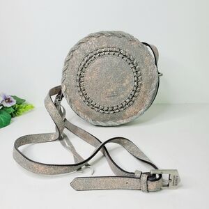 Aimee Kestenberg Round Canteen Gray Rose Metallic Denim Leather Crossbody Bag